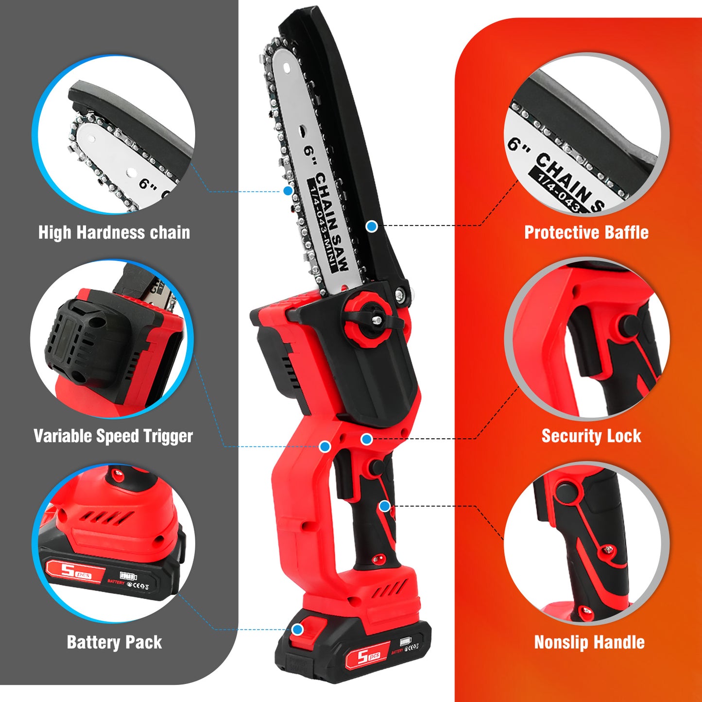 6 & 8 inch Mini Chainsaw, Electric Chainsaw with 2 pcs 1.5Ah Batteries and 2 Chains for Trees Branches Trimming Wood Cutting