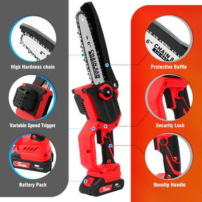 6 & 8 inch Mini Chainsaw, Electric Chainsaw with 2 pcs 1.5Ah Batteries and 2 Chains for Trees Branches Trimming Wood Cutting