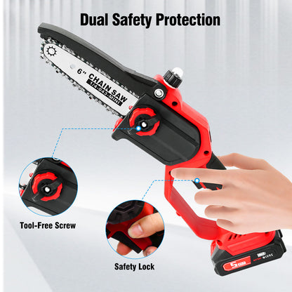 6 & 8 inch Mini Chainsaw, Electric Chainsaw with 2 pcs 1.5Ah Batteries and 2 Chains for Trees Branches Trimming Wood Cutting