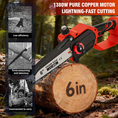 6 & 8 inch Mini Chainsaw, Electric Chainsaw with 2 pcs 1.5Ah Batteries and 2 Chains for Trees Branches Trimming Wood Cutting
