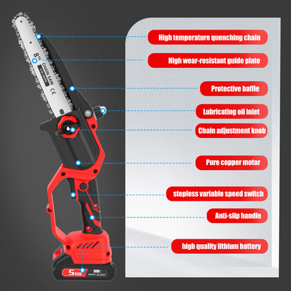 6 & 8 inch Mini Chainsaw, Electric Chainsaw with 2 pcs 1.5Ah Batteries and 2 Chains for Trees Branches Trimming Wood Cutting