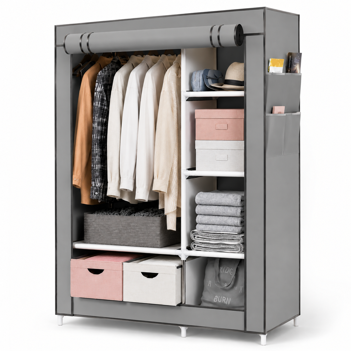 BAOKALER Portable Closet Clothes Garment Rack, Wardrobe Organizer with 6 Shelves & 1 Hanging Rod, 4 Side Pockets for Bedroom, Living Room, Cloakroom, Dorm, Apartment, Gray