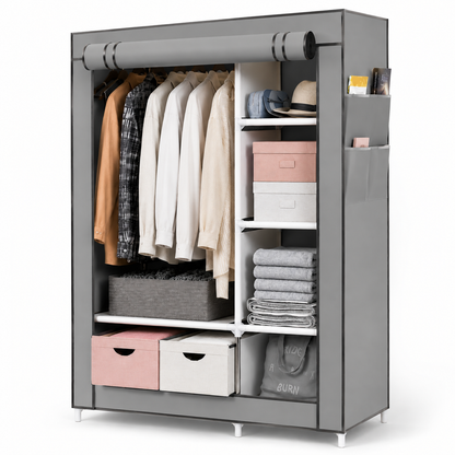BAOKALER Portable Closet Clothes Garment Rack, Wardrobe Organizer with 6 Shelves & 1 Hanging Rod, 4 Side Pockets for Bedroom, Living Room, Cloakroom, Dorm, Apartment, Gray