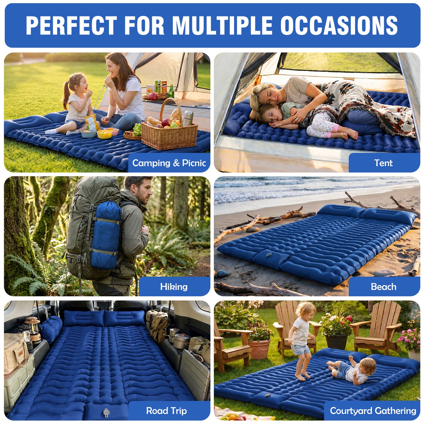 Double Camping Sleeping Pad for 2 Person, Self Inflating 4 Inch Extra Thick with Pillow and Built-in Foot Pump, Inflatable Sleeping Mat for Backpacking Hiking Traveling Tent, Dark Blue