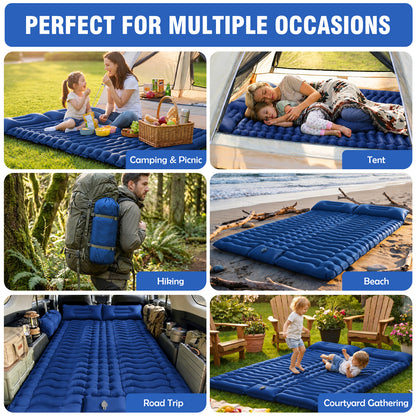 Double Camping Sleeping Pad for 2 Person, Self Inflating 4 Inch Extra Thick with Pillow and Built-in Foot Pump, Inflatable Sleeping Mat for Backpacking Hiking Traveling Tent, Dark Blue