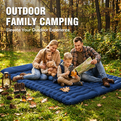 Double Camping Sleeping Pad for 2 Person, Self Inflating 4 Inch Extra Thick with Pillow and Built-in Foot Pump, Inflatable Sleeping Mat for Backpacking Hiking Traveling Tent, Dark Blue