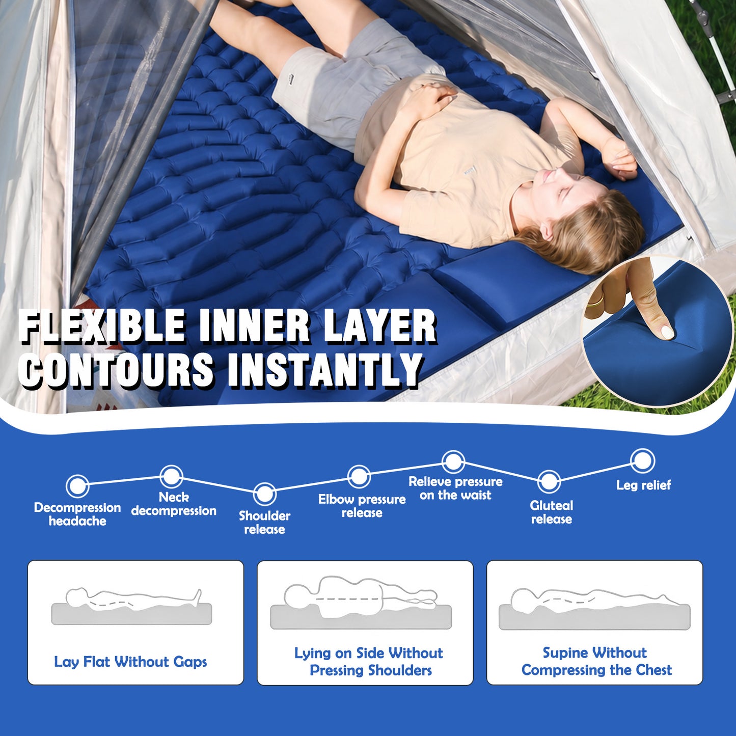Double Camping Sleeping Pad for 2 Person, Self Inflating 4 Inch Extra Thick with Pillow and Built-in Foot Pump, Inflatable Sleeping Mat for Backpacking Hiking Traveling Tent, Dark Blue