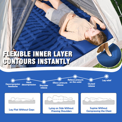Double Camping Sleeping Pad for 2 Person, Self Inflating 4 Inch Extra Thick with Pillow and Built-in Foot Pump, Inflatable Sleeping Mat for Backpacking Hiking Traveling Tent, Dark Blue