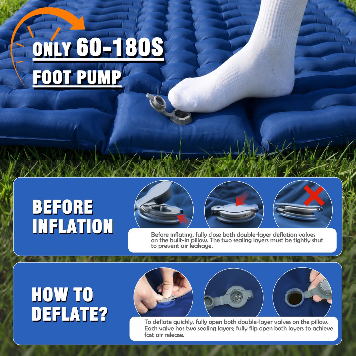 Double Camping Sleeping Pad for 2 Person, Self Inflating 4 Inch Extra Thick with Pillow and Built-in Foot Pump, Inflatable Sleeping Mat for Backpacking Hiking Traveling Tent, Dark Blue