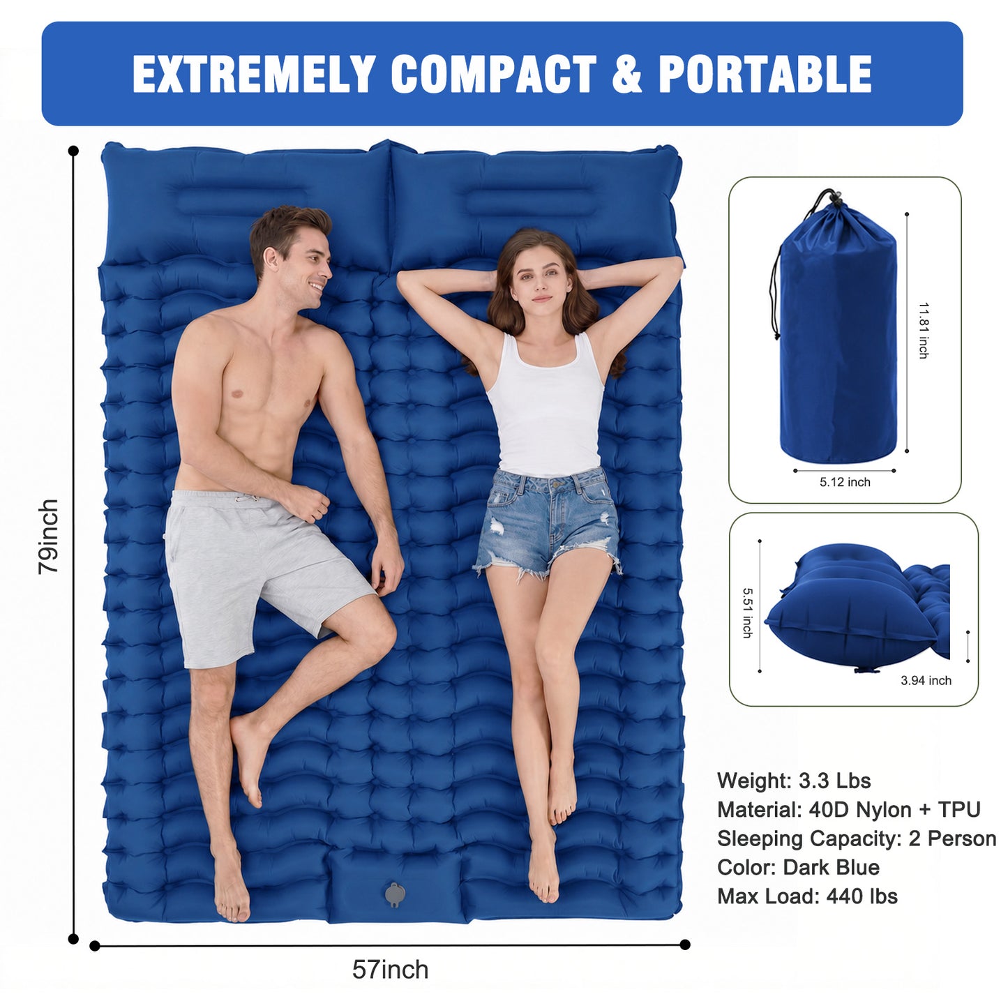 Double Camping Sleeping Pad for 2 Person, Self Inflating 4 Inch Extra Thick with Pillow and Built-in Foot Pump, Inflatable Sleeping Mat for Backpacking Hiking Traveling Tent, Dark Blue