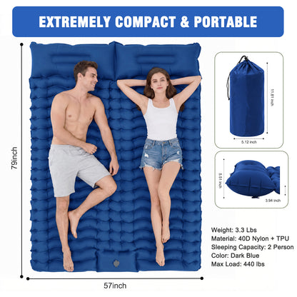 Double Camping Sleeping Pad for 2 Person, Self Inflating 4 Inch Extra Thick with Pillow and Built-in Foot Pump, Inflatable Sleeping Mat for Backpacking Hiking Traveling Tent, Dark Blue