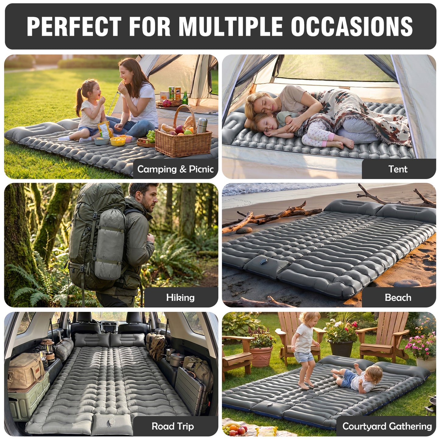Double Camping Sleeping Pad for Backpacking, Self Inflating Ultralight Sleeping Mat with Pillow and Built-in Foot Pump, Inflatable Camping Mattress for 2 Person Traveling Tent, Gray