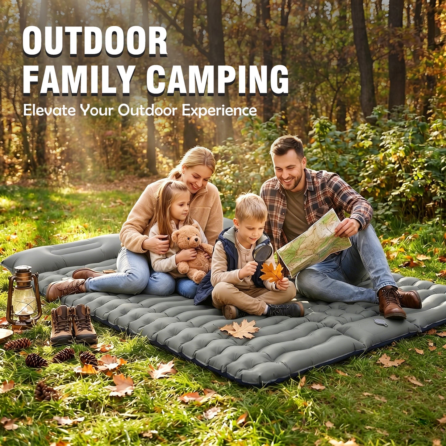 Double Camping Sleeping Pad for Backpacking, Self Inflating Ultralight Sleeping Mat with Pillow and Built-in Foot Pump, Inflatable Camping Mattress for 2 Person Traveling Tent, Gray