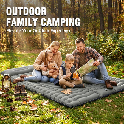 Double Camping Sleeping Pad for Backpacking, Self Inflating Ultralight Sleeping Mat with Pillow and Built-in Foot Pump, Inflatable Camping Mattress for 2 Person Traveling Tent, Gray
