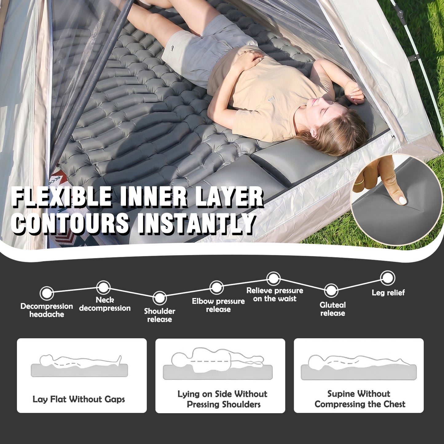 Double Camping Sleeping Pad for Backpacking, Self Inflating Ultralight Sleeping Mat with Pillow and Built-in Foot Pump, Inflatable Camping Mattress for 2 Person Traveling Tent, Gray