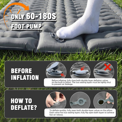 Double Camping Sleeping Pad for Backpacking, Self Inflating Ultralight Sleeping Mat with Pillow and Built-in Foot Pump, Inflatable Camping Mattress for 2 Person Traveling Tent, Gray