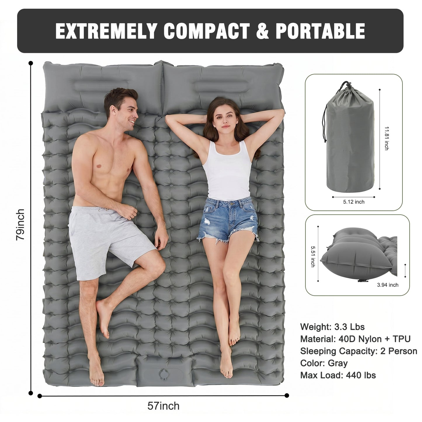 Double Camping Sleeping Pad for Backpacking, Self Inflating Ultralight Sleeping Mat with Pillow and Built-in Foot Pump, Inflatable Camping Mattress for 2 Person Traveling Tent, Gray