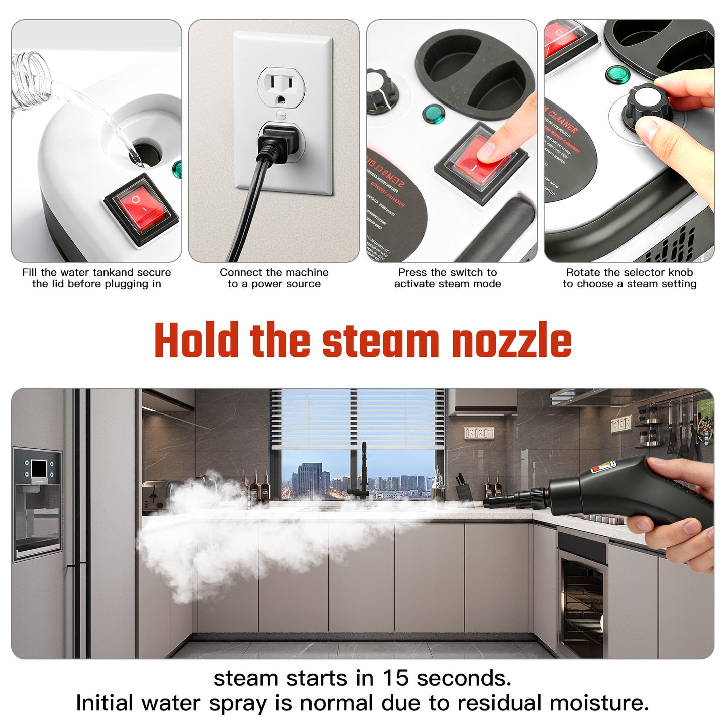 RICAN Steam Cleaner, 2500W Handheld High-Temp Steamer with 1200ML Tank & 6 Adjustable Levels, 20 Accessories for Home Kitchen Bathroom Car Tile, Black & White