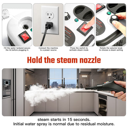RICAN Steam Cleaner, 2500W Handheld High-Temp Steamer with 1200ML Tank & 6 Adjustable Levels, 20 Accessories for Home Kitchen Bathroom Car Tile, Black & White