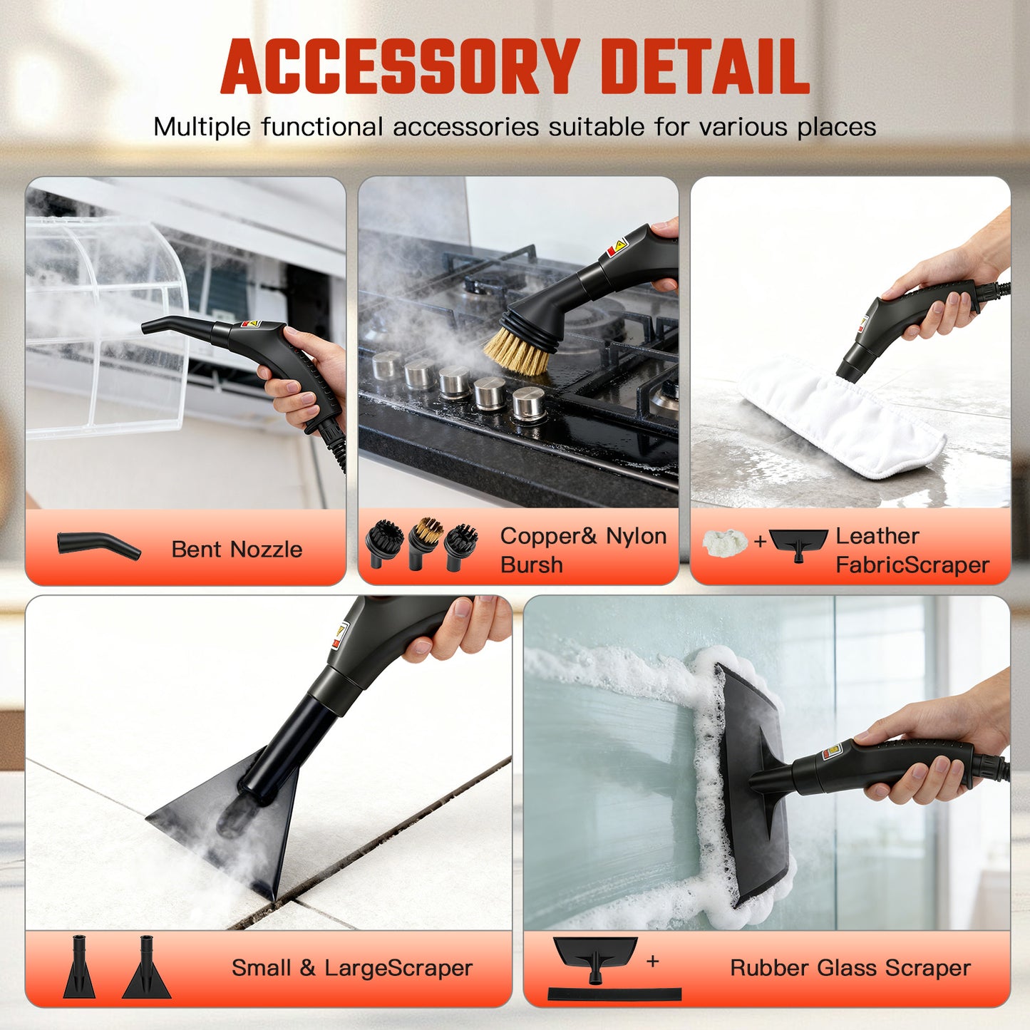 RICAN Steam Cleaner, 2500W Handheld High-Temp Steamer with 1200ML Tank & 6 Adjustable Levels, 20 Accessories for Home Kitchen Bathroom Car Tile, Black & White
