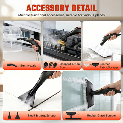 RICAN Steam Cleaner, 2500W Handheld High-Temp Steamer with 1200ML Tank & 6 Adjustable Levels, 20 Accessories for Home Kitchen Bathroom Car Tile, Black & White