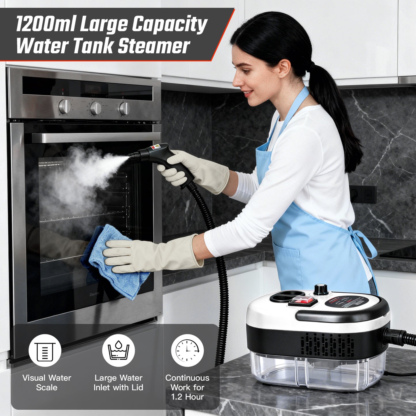 RICAN Steam Cleaner, 2500W Handheld High-Temp Steamer with 1200ML Tank & 6 Adjustable Levels, 20 Accessories for Home Kitchen Bathroom Car Tile, Black & White