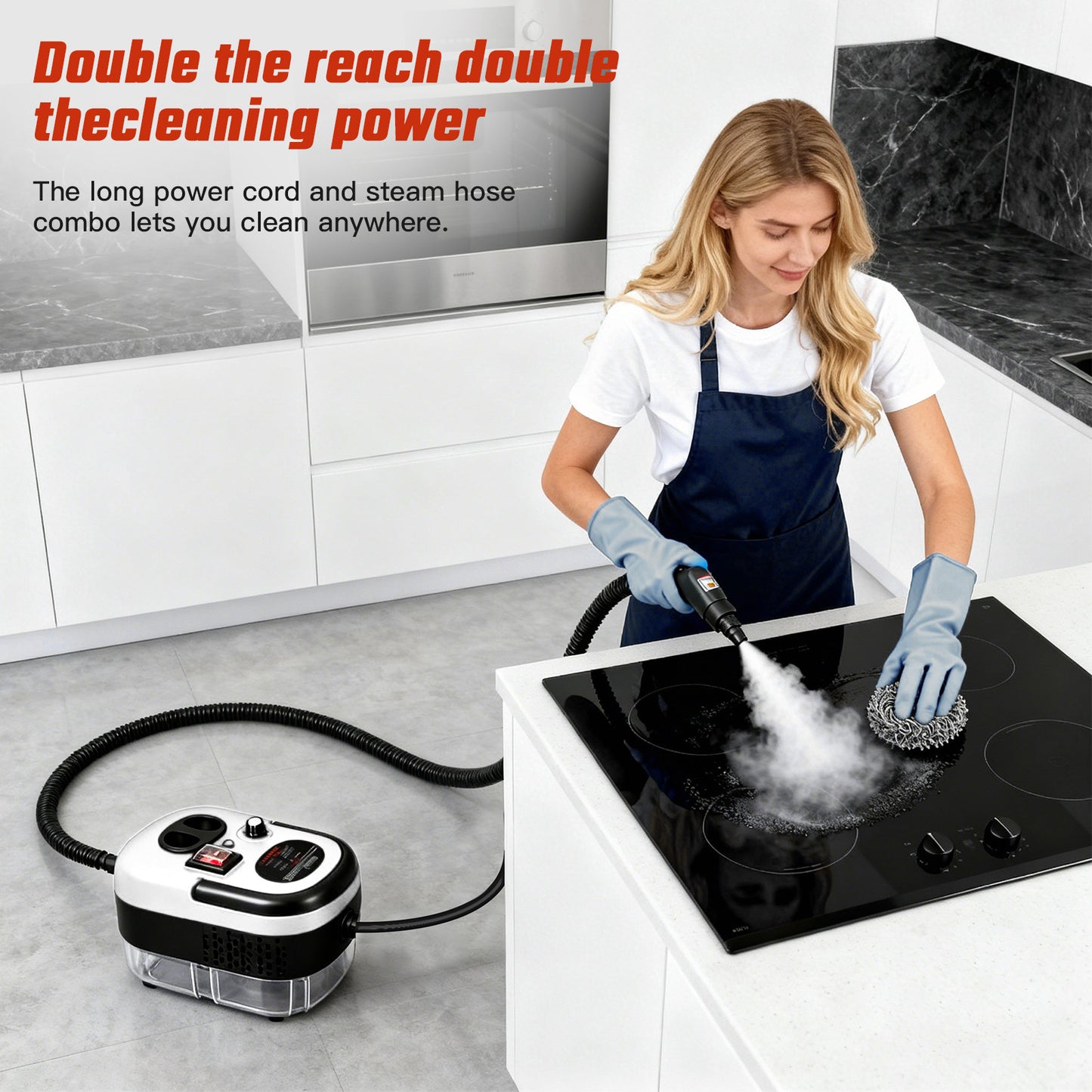 RICAN Steam Cleaner, 2500W Handheld High-Temp Steamer with 1200ML Tank & 6 Adjustable Levels, 20 Accessories for Home Kitchen Bathroom Car Tile, Black & White