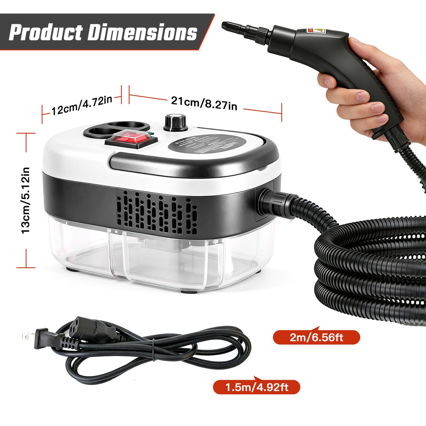 RICAN Steam Cleaner, 2500W Handheld High-Temp Steamer with 1200ML Tank & 6 Adjustable Levels, 20 Accessories for Home Kitchen Bathroom Car Tile, Black & White