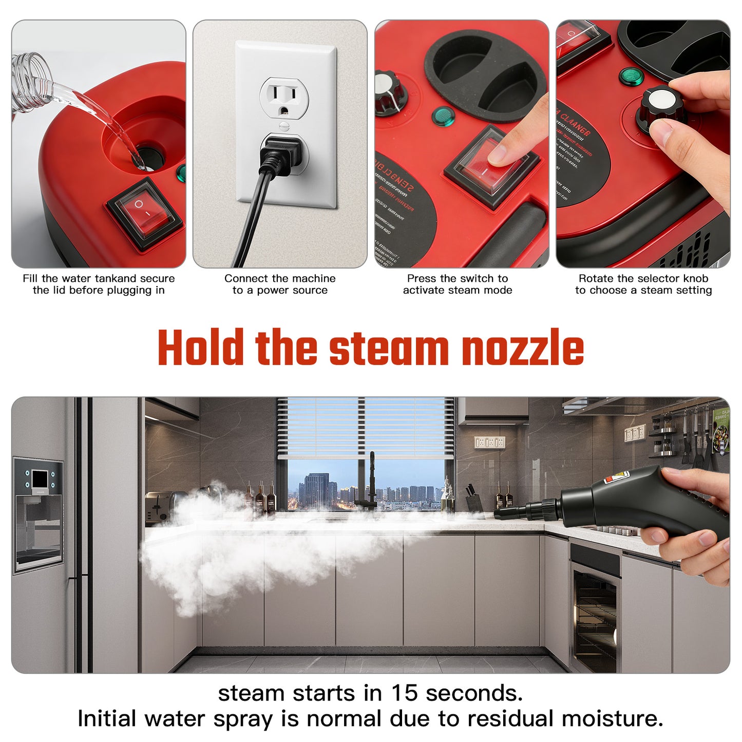 RICAN Steam Cleaner, 2500W High-Pressure Handheld Steamer with 221 deg F Fast Heating, 1200ML Tank & 20 Accessories for Kitchen Bathroom Car Detailing, Red