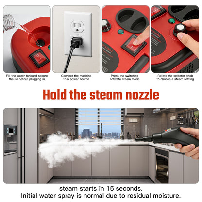 RICAN Steam Cleaner, 2500W High-Pressure Handheld Steamer with 221 deg F Fast Heating, 1200ML Tank & 20 Accessories for Kitchen Bathroom Car Detailing, Red