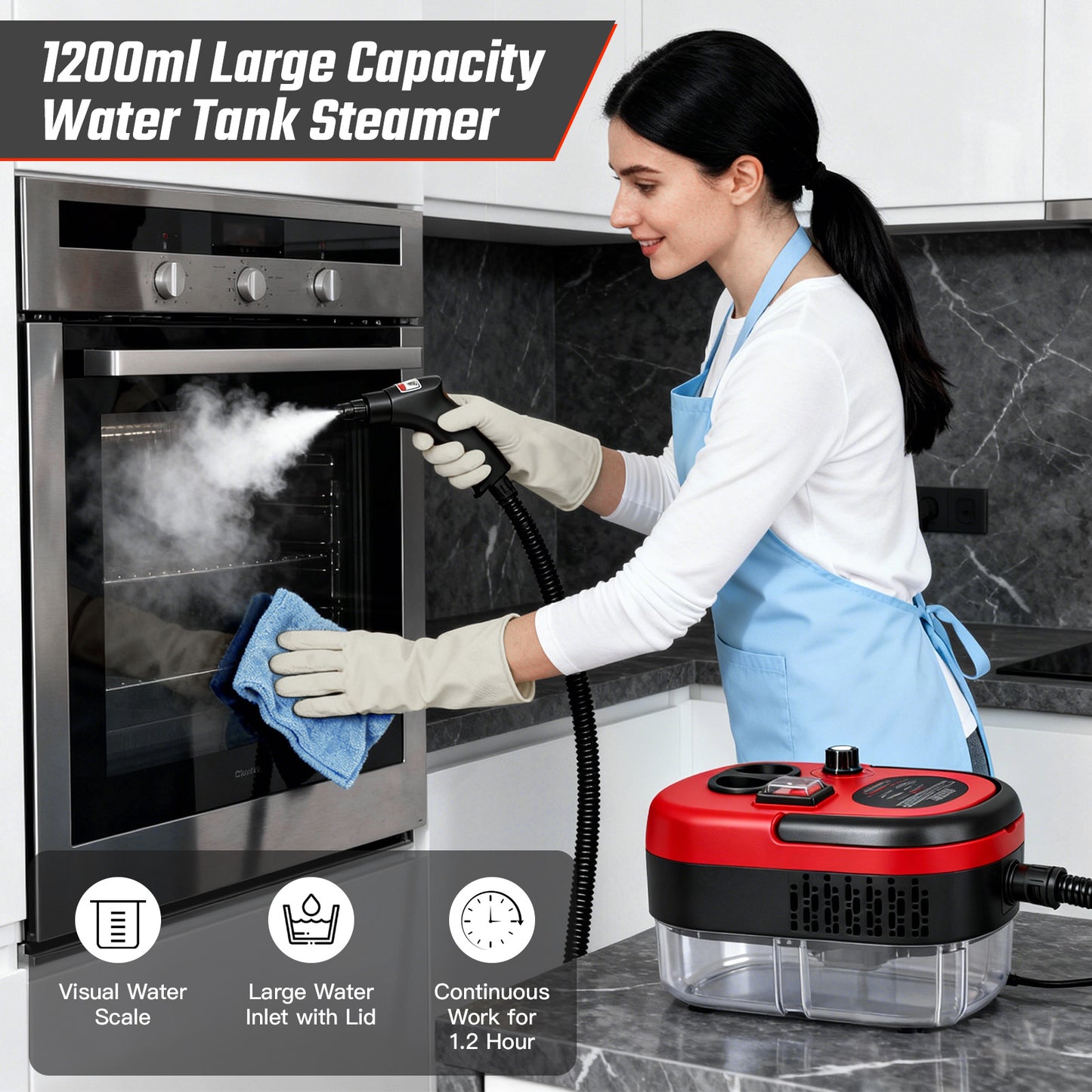 RICAN Steam Cleaner, 2500W High-Pressure Handheld Steamer with 221 deg F Fast Heating, 1200ML Tank & 20 Accessories for Kitchen Bathroom Car Detailing, Red
