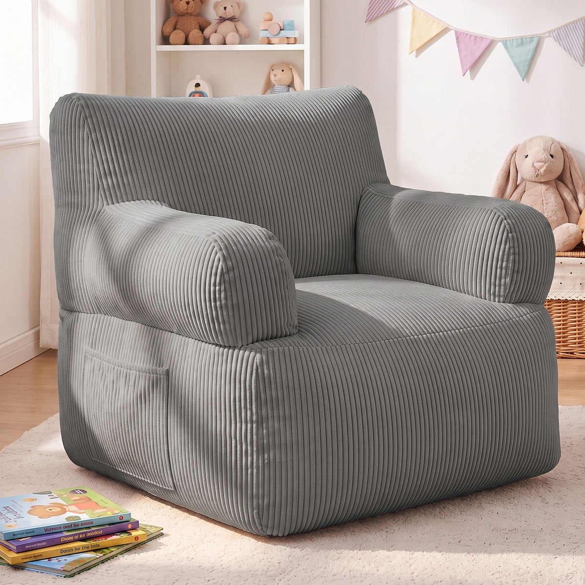 BAOKALER Kids Bean Bag Chair, Filled with Memory Foam, Bean Bags for Kids with Side Pocket, Lightweight Comfort Lounge Chair for Gaming, Reading, Relaxing, Gray