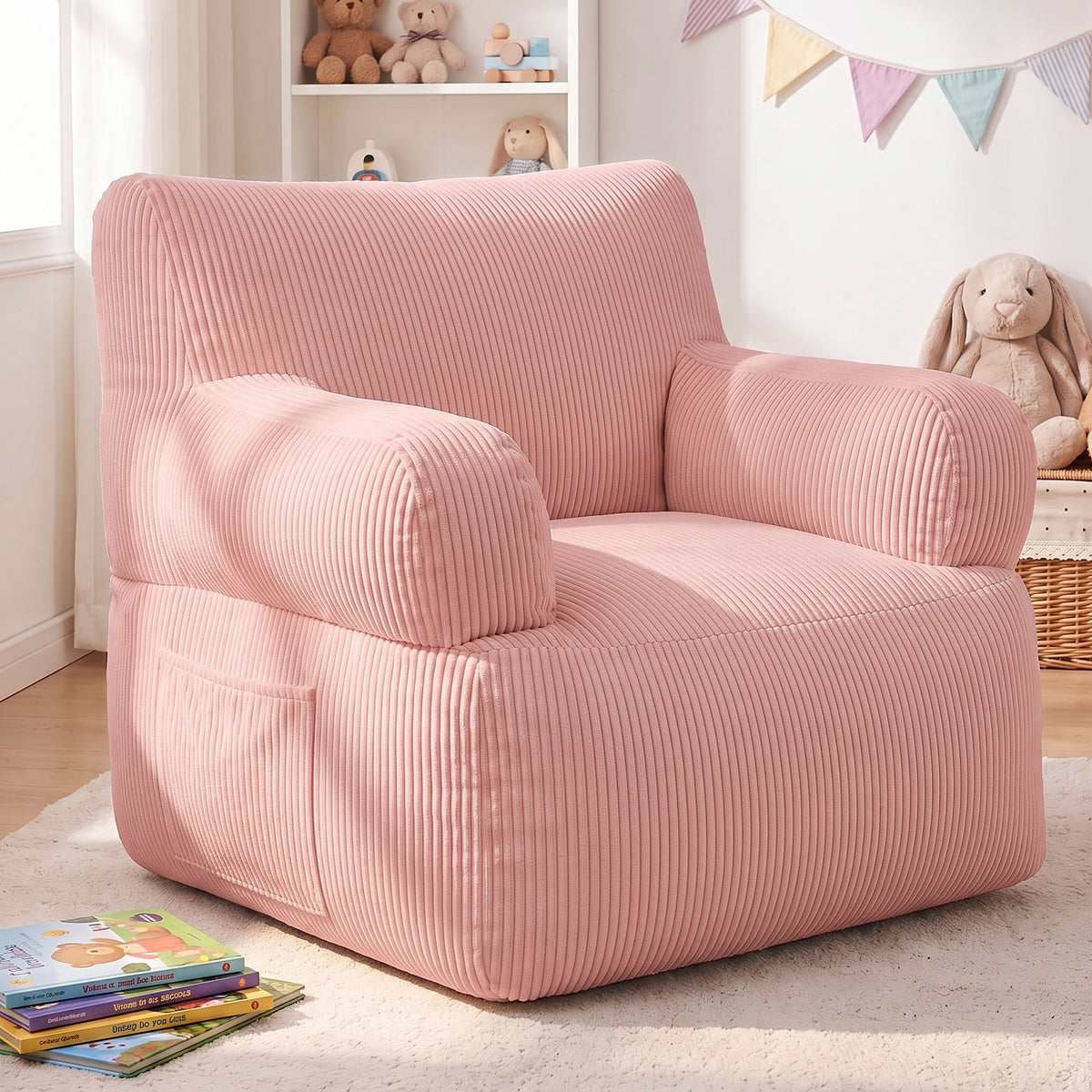 BAOKALER Kids Bean Bag Chair, Filled with Memory Foam, Bean Bags for Kids with Side Pocket, Lightweight Comfort Lounge Chair for Gaming, Reading, Relaxing, Pink