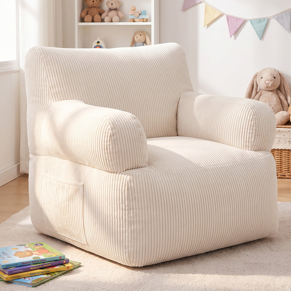 BAOKALER Kids Bean Bag Chair, Filled with Memory Foam, Bean Bags for Kids with Side Pocket, Lightweight Comfort Lounge Chair for Gaming, Reading, Relaxing, Beige