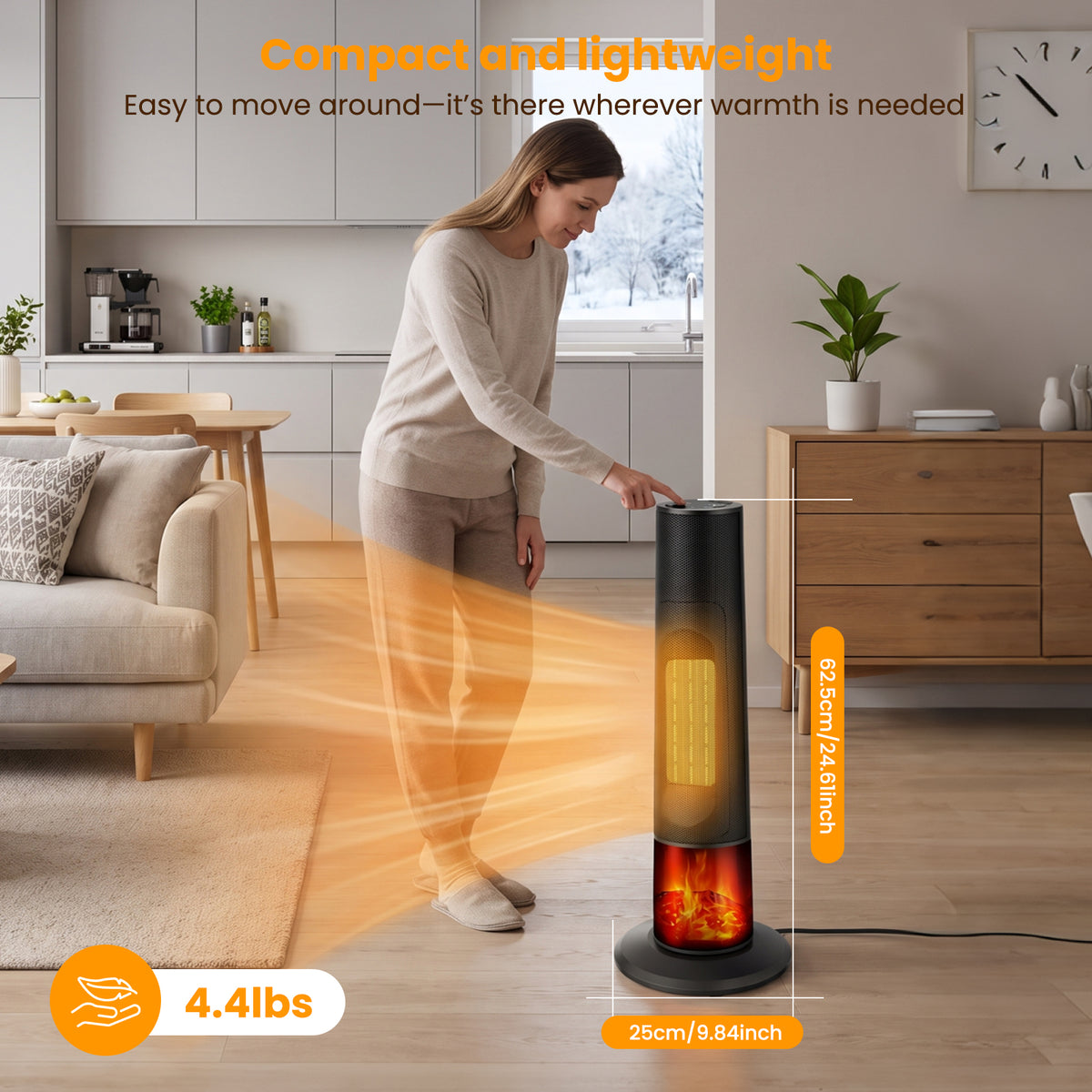 25" Tower Space Heater W/3D Flame Effect, Portable 1500W PTC Electric Heater W/Remote, 2 Heat Modes, 12H Timer, Quiet Multi Safety Protection Space Heater for Indoor Large Room Bedroom Office