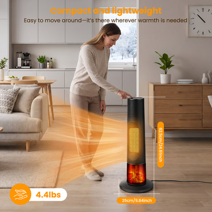 25" Tower Space Heater W/3D Flame Effect, Portable 1500W PTC Electric Heater W/Remote, 2 Heat Modes, 12H Timer, Quiet Multi Safety Protection Space Heater for Indoor Large Room Bedroom Office