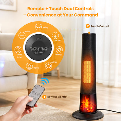 25" Tower Space Heater W/3D Flame Effect, Portable 1500W PTC Electric Heater W/Remote, 2 Heat Modes, 12H Timer, Quiet Multi Safety Protection Space Heater for Indoor Large Room Bedroom Office