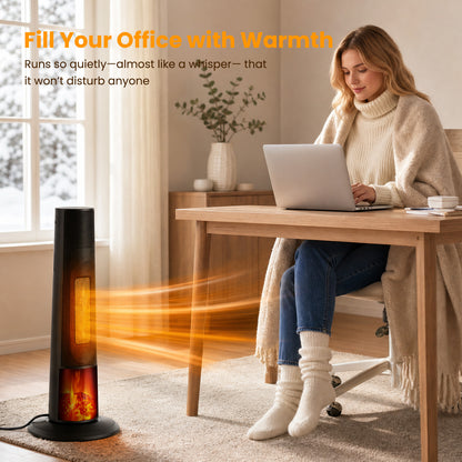 25" Tower Space Heater W/3D Flame Effect, Portable 1500W PTC Electric Heater W/Remote, 2 Heat Modes, 12H Timer, Quiet Multi Safety Protection Space Heater for Indoor Large Room Bedroom Office