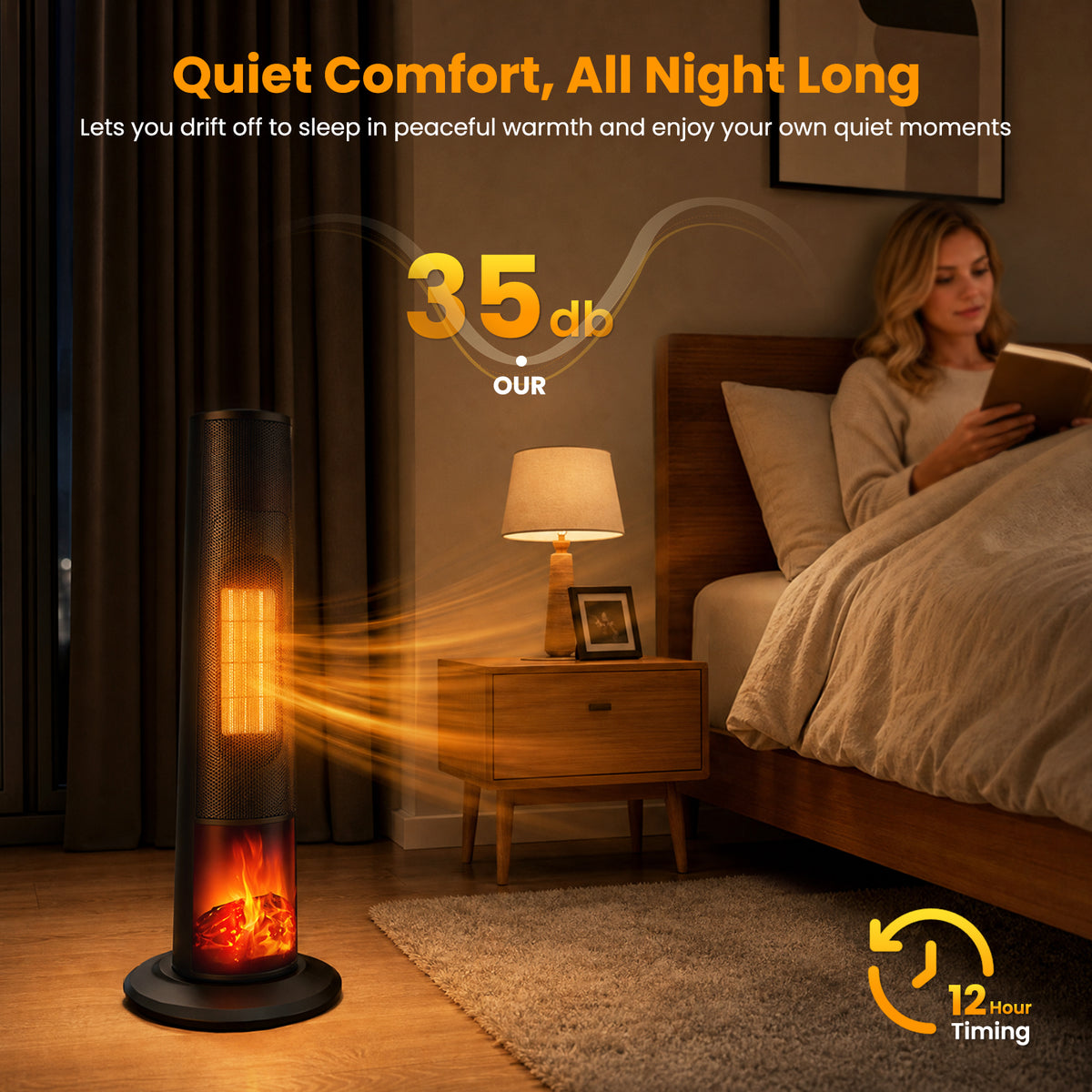 25" Tower Space Heater W/3D Flame Effect, Portable 1500W PTC Electric Heater W/Remote, 2 Heat Modes, 12H Timer, Quiet Multi Safety Protection Space Heater for Indoor Large Room Bedroom Office