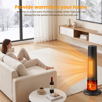 25" Tower Space Heater W/3D Flame Effect, Portable 1500W PTC Electric Heater W/Remote, 2 Heat Modes, 12H Timer, Quiet Multi Safety Protection Space Heater for Indoor Large Room Bedroom Office