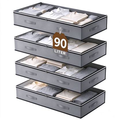 4 Pack 90L Underbed Storage, Under Bed Storage Containers with Clear Window, Underbed Storage Bins for Clothing, Bedding, Dark Gray