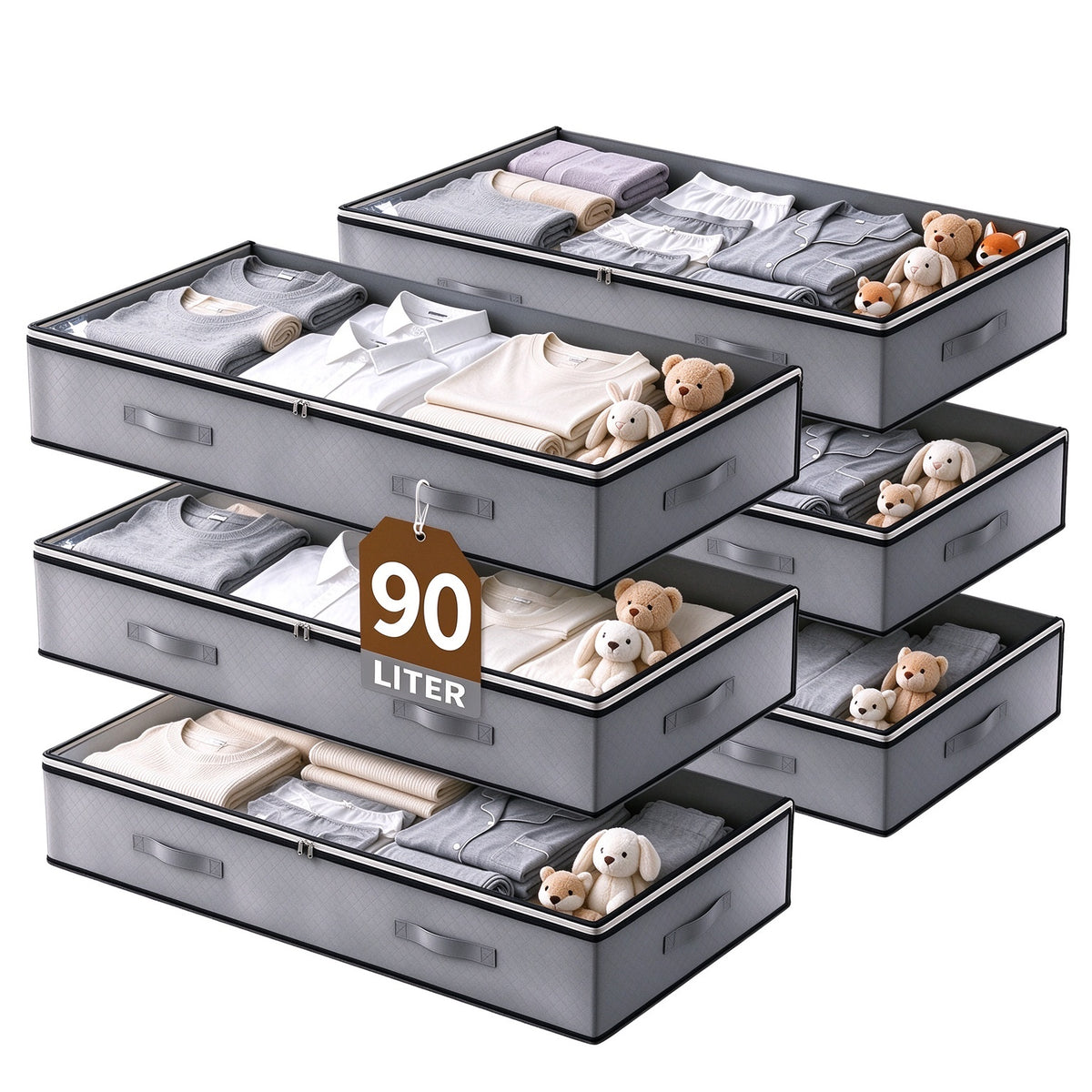 6 Pack Under Bed Storage Containers, 90L Foldable Underbed Storage Bins with Reinforced Handles for Clothing, Bedding, Dark Gray