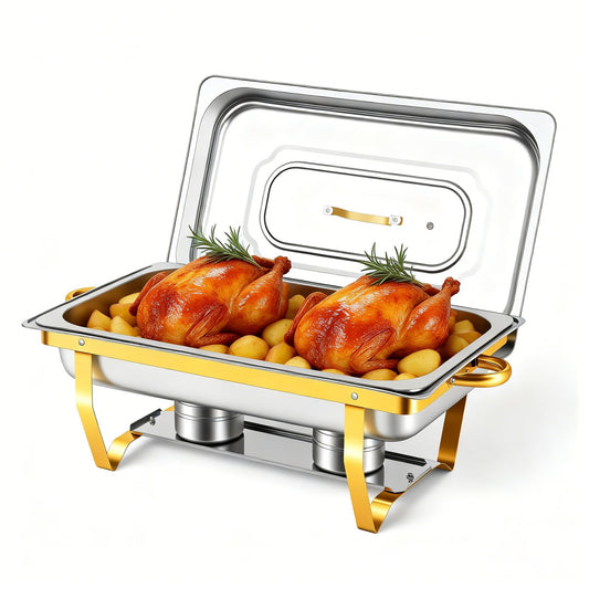 Chafing Dishes for Buffet, 9QT Roll Edge Designed Chafing Dish Buffet Set, Food Warmer W/Half Glass Lid for Parties, Birthday, Holiday Parties, Church Events (Semi-Gold)