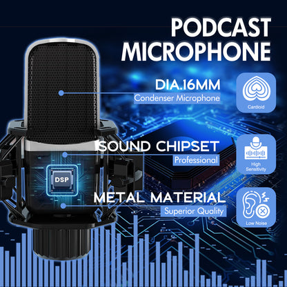 Podcast Equipment Bundle, Audio Interface with Condenser Microphone, Studio Equipment for Streaming, Gaming