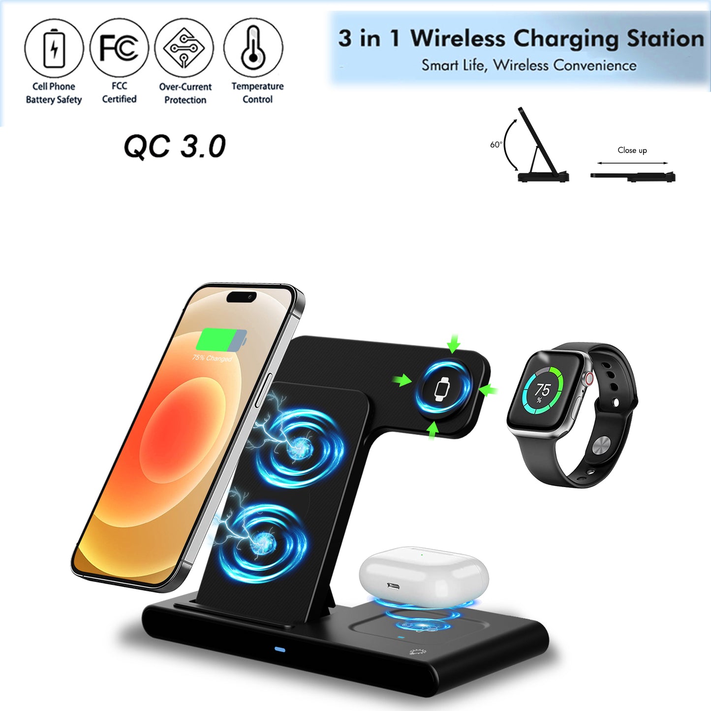 Wireless Charger, 3 in 1 Magnetic Charging Station 15W Fast Charging for iPhone 15 14 13 12 11 Pro Max, Compatible with iWatch 9-2, AirPods Pro, Portable, Foldable and Adjustable Angle,Clearance