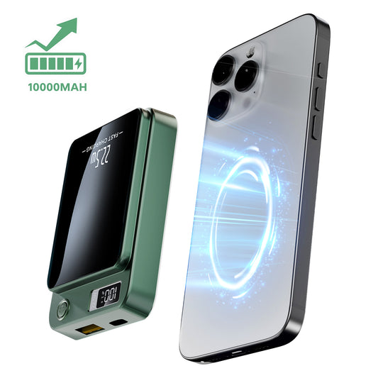 2 in 1 Portable Magnetic Wireless Power Bank, 10000mAh 22.5W Fast Charging, with LED Power Display, Suitable for Outdoor Emergency Backup Power Bank, Compatible with Multi Device, Green
