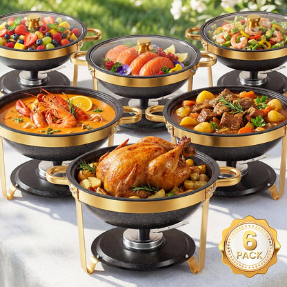 Black Chafing Dishes for Buffet with Glass Lid (5.3QT, 6Pack), Maifanite-Coated Round Chafing Dish Set Mirror-Polished Stainless Steel, Stackable, Lid Holder for Party, Wedding