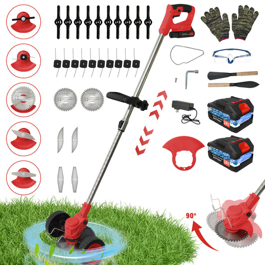 Battery?Powered?Weed?Trimmer-24V?650W?Electric?Grass?Cutting?Machine?with?2PCS?Batteries?2000mAh-Lightweight?for?Garden?&?Lawn?Edging?(Red)
