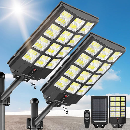 2PCS Solar Street Light Outdoor 5000W- LED Solar Courtyard Light, 500,000 LM Large Size Super Bright, Dusk to Dawn Parking Lot Light with Motion Sensor