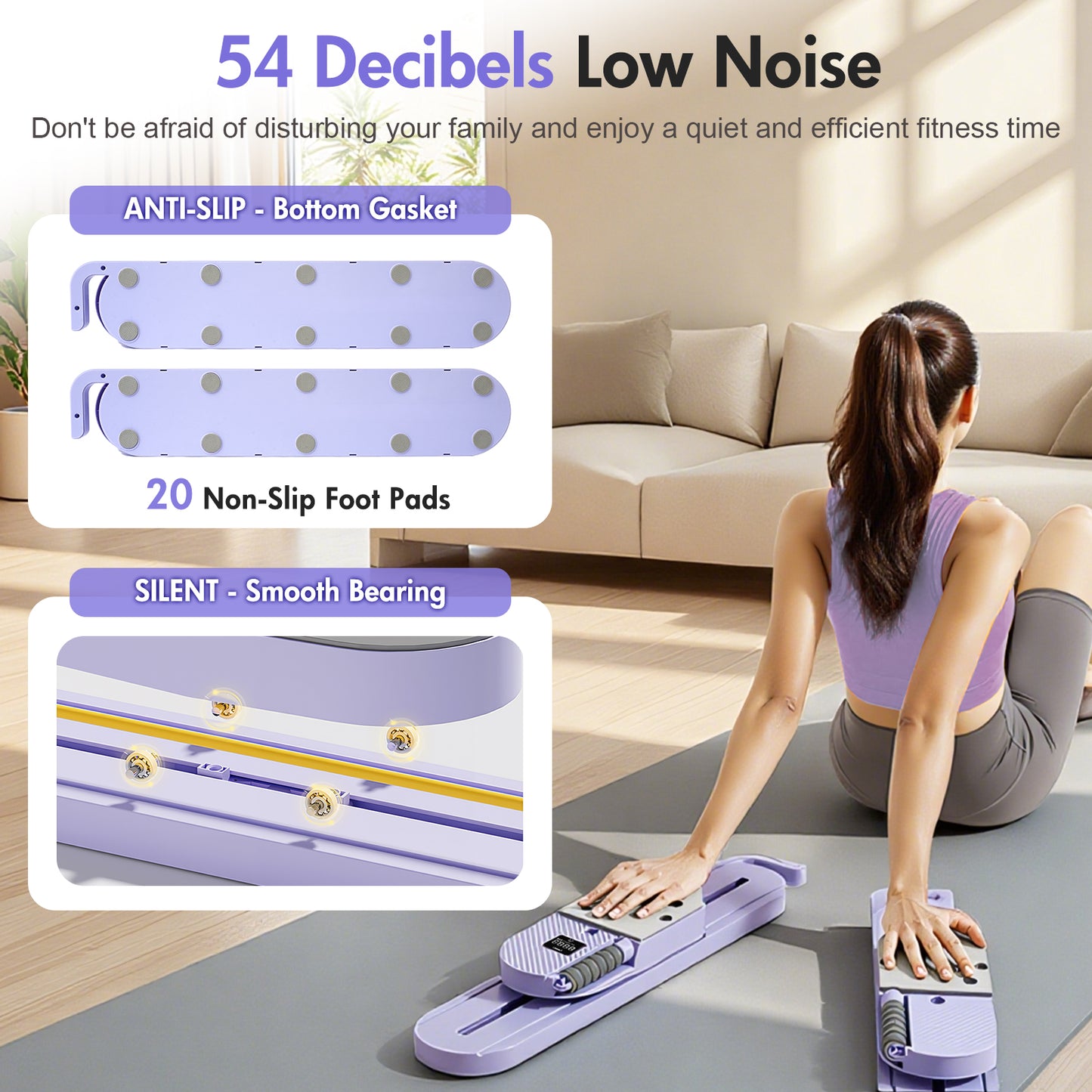 Rican Pilates Board, Pilates Reformer Board Ab Core Trainer, LCD Timer Dual-Track Detachable Ultra-Quiet Abdominal Trainer, More Than 40 Modes with Resistance Bands & Knee Pads, Purple